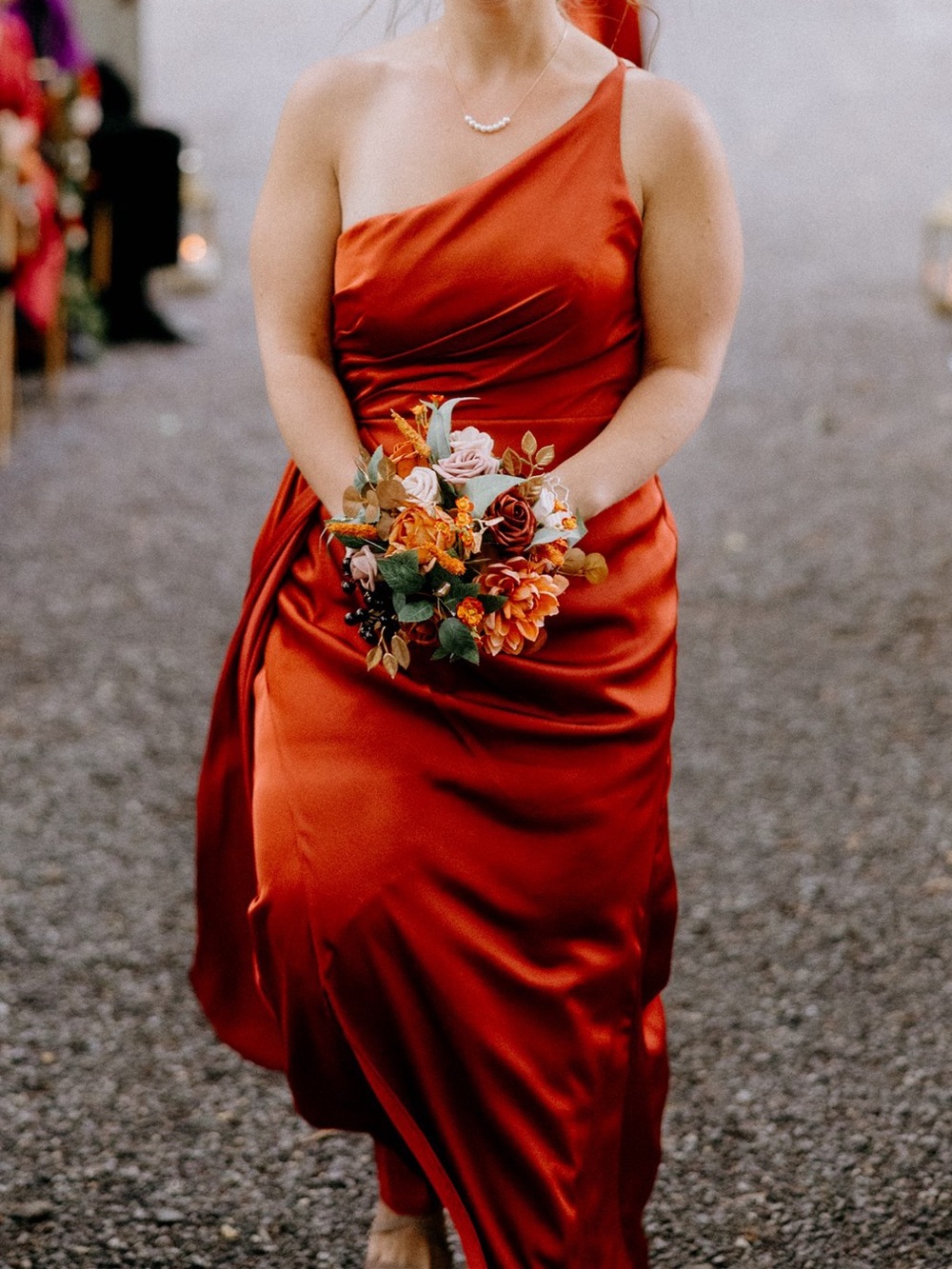 One-Shoulder Satin Evening Dress in terracotta